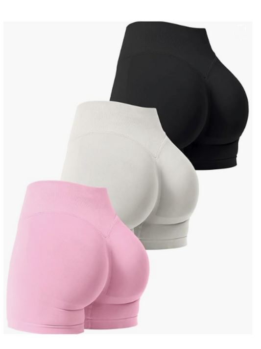 3 Pack Scrunch, Gym Bunny Butt Lifting Seamless High Waist Yoga Shorts